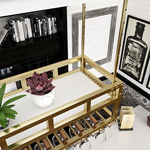 Hanging Wine Rack with 2Lights, Ceiling Mounted Wine Rack Adjustable Industrial Hanging Wine Bottle Holder, Metal Iron Wine Shelf for Bar Dining