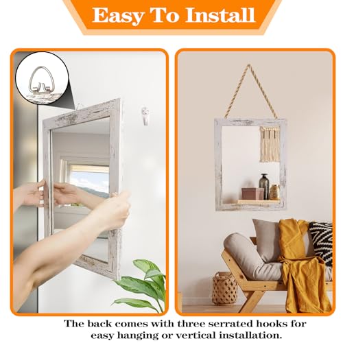 MIZEEYE Wall Mirror Decorative for Farmhouse, White Wood Frame Mirror for Wall, Rectangular Hanging Mirror for Bathroom, Bedroom, Living Room, Ha