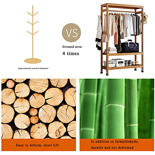 Clothes rack bamboo coat rack with wheels, 2 shelves and 2 hooks, coat rack, for bedroom office hallway