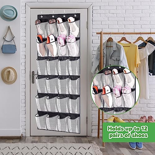 Omevett Over the Door Shoe Storage Organiser Hanging over Door Shoe Rack Holder with 24 Large Mesh Pockets Hanging Shoe Organizer for Kitchen, Be