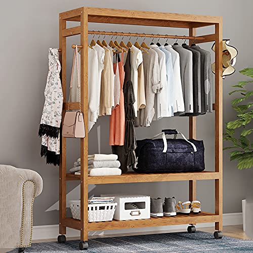 Clothes rack bamboo coat rack with wheels, 2 shelves and 2 hooks, coat rack, for bedroom office hallway