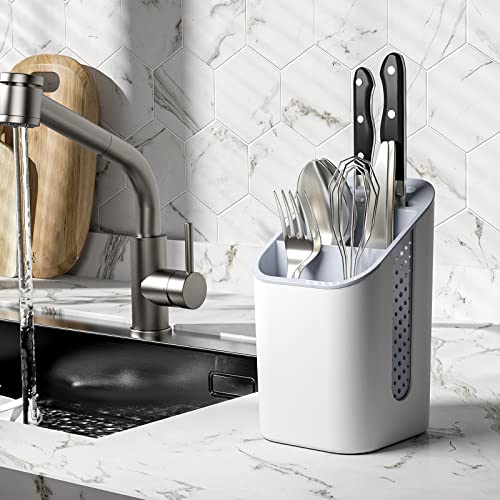 KINGRACK Cutlery Drainer and Sink Caddy, 4-Compartment Storage Organizer for Flatware, Forks, Knives, Spoons and Brushes, Compact Multi-Purpose S