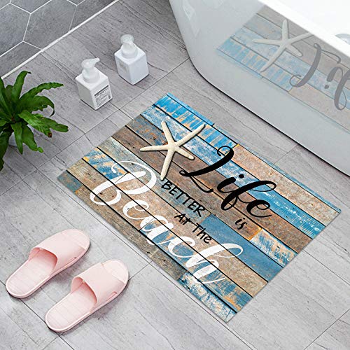 Life is Better at The Beach Starfish Indoor Doormat Front Door Mats, Water Absorbent Non Slip Entrance Rugs, Rustic Wood Grain Floor Bath Rug for