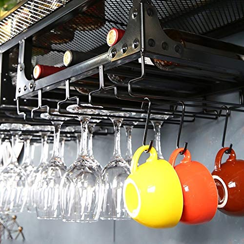 PIBM Retro Iron Art Storage Wine Rack Wall-Mounted Wine Bottle and Wine Glasses Display Shelf 100X35X27Cm J1029