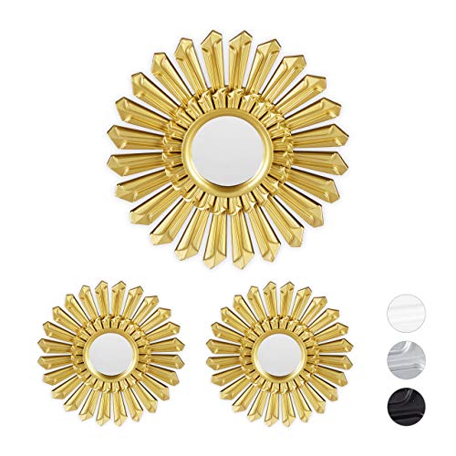 Relaxdays Sunburst Decor Mirror, Set of 3, Round Hanging Mirror, Plastic Frame, Ø 25 cm, Gold