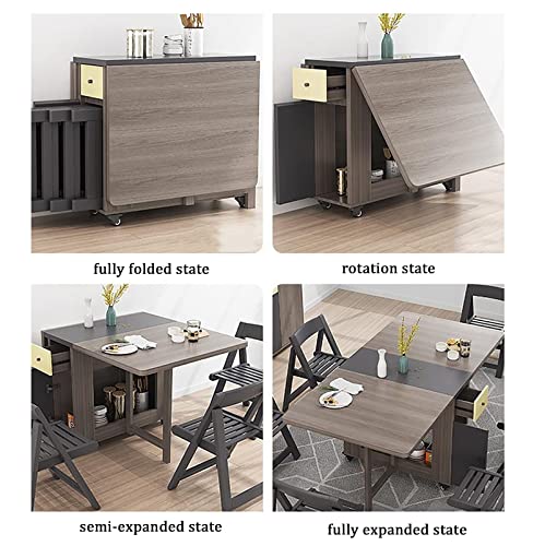 DISHENGZHEN Foldable Dining Table Set with 4 Chairs, Mobile Drop Leaf Table and Wooden Storage Table with 2 Wheels, Perfect for Kitchen, Dining R