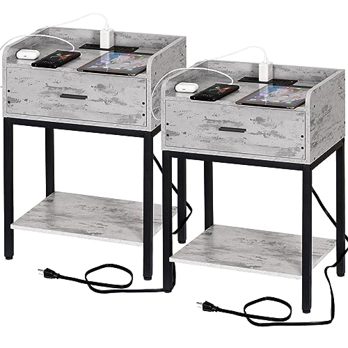 Lerliuo Nightstands Set of 2 with Charging Station and USB Ports, 3-Tier End Side Table with Storage Drawer and Shelf, Modern Bedside Night Stand