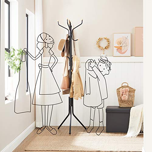 SONGMICS Metal Coat Rack, Clothes Stand, Hat Handbag Hanger, 182 cm Tall Hall Tree, Black RCR19B
