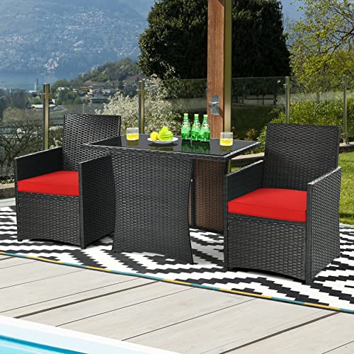 MIAOZI 3PCS Patio Rattan Furniture Set Cushioned Sofa Armrest Garden Deck Red Suitable For Patio, Porch, Garden And Balcony, Etc