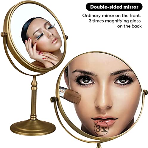 Leyden Antique Brass Makeup Mirror, 3X Magnifying Vanity Mirror Tabletop Double Side 7.8 Inch Bathroom Hardware Accessories