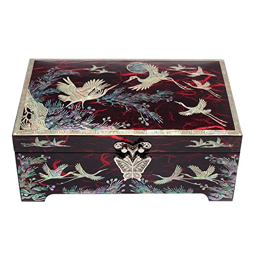 Mother of Pearl Crane Bird and Pine Tree Design Purple Wooden Jewellery Drawer Mirror Trinket Keepsake Treasure Gift Asian Lacquer Box Case Chest