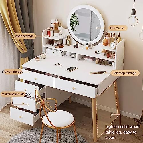 HAWEWE Vanity Table With Mirror And Lights White Makeup Table Vanity Dresser With 5 Drawers, Storage Shelves For Women Girls Bedroom Living Room