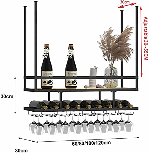 EMISOO Ceiling Mount Shelf Hanging Wine Rack with Glass Holder and Shelf, Adjustable Height Metal Ceiling Bar Wine Glass Rack, 2 Layer Industrial