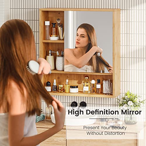 FORABAMB Medicine Cabinet with Mirror, Bathroom Vanity Mirror Cabinets Wall Mounted with Storage Shelves, Bamboo Hanging Wall Cabinet with Door a