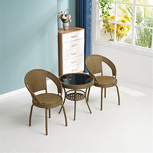 JHKGY 3-Piece Modern Conversation Bistro Chat Set Patio Wicker Chairs, Outdoor All-Weather Wicker Furniture,Metal Frame Woven Seat,Glass Top Side
