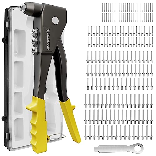 BLOSTM Pop Rivet Gun Kit - Full 200 Rivet Set with Pop Riveter & Carrying Case Containing 200 Rivets in 4 Sizes 2.4mm 3.2mm 4mm 4.8mm for Metal,
