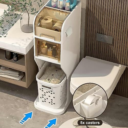 OPSREY 4 Tier Bathroom Floor Cabinet Laundry Hamper Cabinet, Slim Toilet Paper Storage Cabinet with Basket and Clear Drawers Narrow Tall Floor Ca