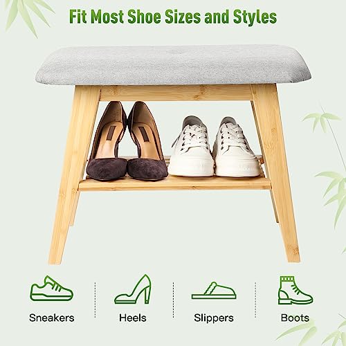 Joyoolife Shoe Storage Bench with Cushion, 2-Tier Shoe Bench with Storage and Seating, Bamboo Shoe Storage Bench with Cushion and Shelves