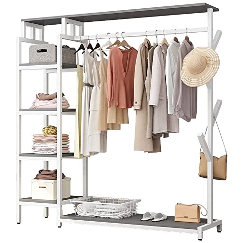 Clothes Rack, Heavy Duty 5 Tier Coat Rack with Hanging Rail, Open Wardrobe, 4 Hooks, Industrial Design, Metal Frame, White 140x40x170cm