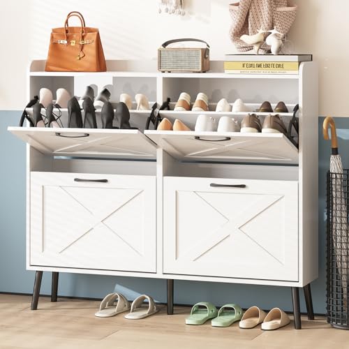 Maupvit Shoe Cabinet with 2 Flip Drawers, Freestanding Shoe Cabinet Organizer with Metal Legs, Shoes Storage Cabinet for Entryway, Narrow Shoe Ra