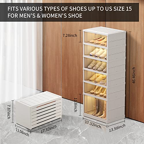 CIMLORD 6-12 Pairs Shoe Rack for Closet Foldable Shoe Organizer Plastic Shoe Boxes Clear Brown Doors Shoe Cabinet for Entryway Easy Assembly Shoe