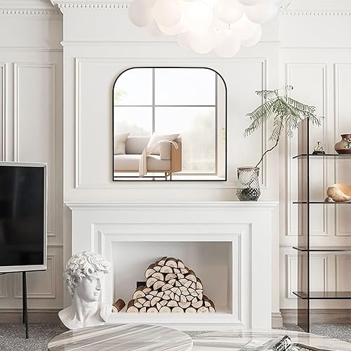 Minuover Modern Large Wall Mirror, Modern Minimalist Home Decor Arch Mantle Mirror, Brushed Black Metal Framed Arched Mirror for Bathroom, Living