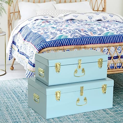 Vixdonos Metal Trunk Decorative Storage Box Set of 2 College Dorm Chest with Handle (Light Blue)