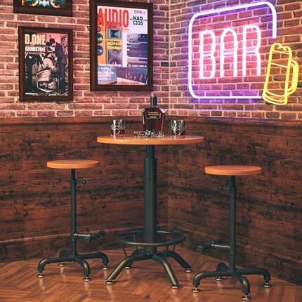 AA Products Industrial Bar Table & Stools Sets, 23.6" Dia Swivel Round Wood Adjustable Height Bar Table and Chairs Set for Party Bistro Cafe Cock