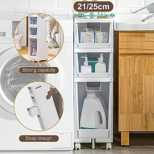 OPSREY Bathroom Floor Cabinet with Drawers Narrow Tall Floor Storage Drawer Cart with Clear Storage Drawers and Casters Large Capacity Slim Toile