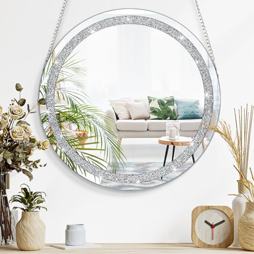 Mirrors for Wall Crystal Crush Diamond Silver Round Mirror for Wall Decor Frameless Mirror with Silver Stainless Steel Chain for Hallway Bathroom