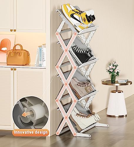 KINZURE Installation-Free Foldable Shoe Rack, 4-Tier Free Standing Shoe Shelf, 10-12 Pairs Shoe Storage, Small Corner Display Rack, Kitchen, Bath