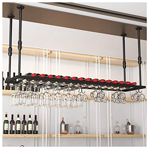 EYLINK Wall Mounted Iron Wine Rack, Adjustable Height, Ceiling Mounted Hanging Wine Bottle Holder, Champagne Glass Rack, Bar Home Decor, Black Ho