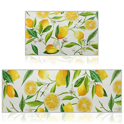 2 Pieces Lemon Kitchen Rugs Set Kitchen Mats Non Slip Rubber Backing Area Rug Lemon Doormat Washable Indoor Outdoor Floor Mats Country Kitchen De