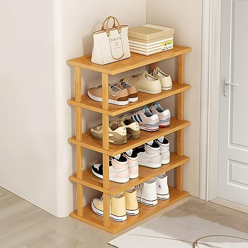 QYESWHSR 5 Tier Shoe Rack for Closet, Narrow Shoe Rack for Entryway, Small Bamboo Shoe Organizer, Space Saving Narrow Shoe Shelf, Stackable Shoe