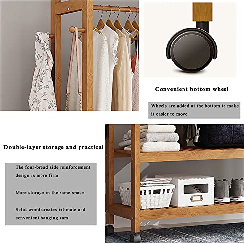 Clothes rack bamboo coat rack with wheels, 2 shelves and 2 hooks, coat rack, for bedroom office hallway
