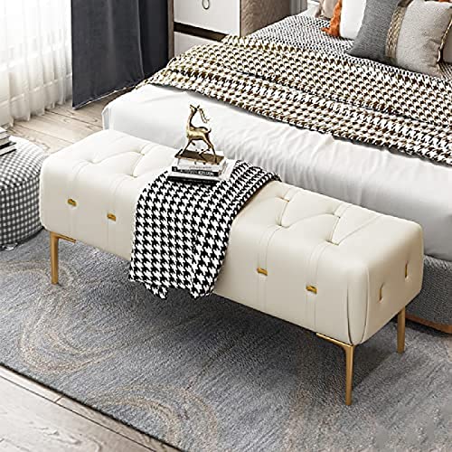 Luxury Bedside Bench, Leather Upholstered Bedroom Bench With Gold Legs, Entryway Bench, Modern Living Room Bench,White,100X40X43Cm(39X16X17Inch)