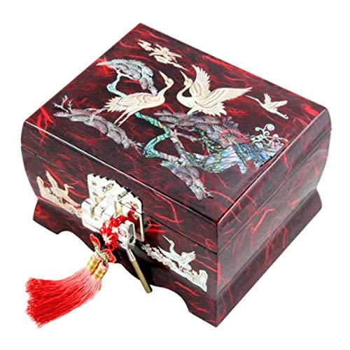 Mother of Pearl Crane Bird and Pine Tree Design Purple Wooden Jewellery Drawer Mirror Trinket Keepsake Treasure Gift Asian Lacquer Box Case Chest