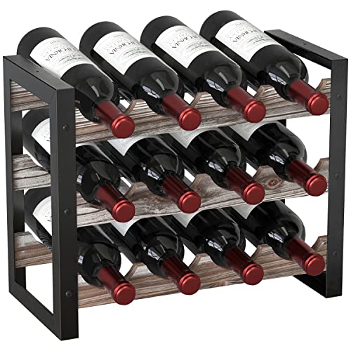 J JACKCUBE DESIGN Rustic Wine Rack Freestanding Floor 3 Tier Stackable Display Storage for Counter-top 12 Glass Bottles Holder Liquor Shelf with