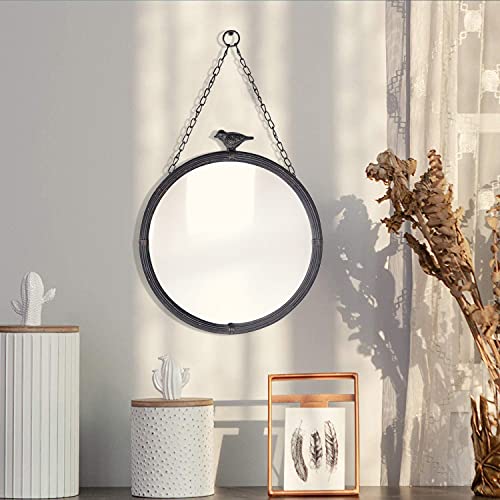 NIKKY HOME 11.25" Vintage Round Metal Framed Wall Mounted Mirror with Bird, in Matt Black 28.5 x 2.5 x 31.5 CM