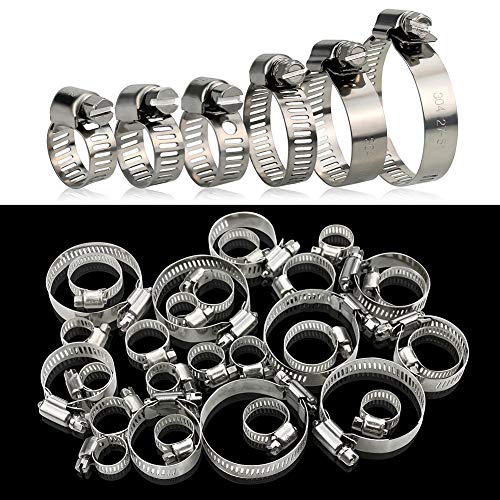 InduSKY 30Pcs Hose Clips 6-51mm Range Adjustable, 304 Stainless Steel Jubilee Clips Assorted Hose Clamps Pipe Clips Kit (6-12mm, 10-16mm, 13-19mm
