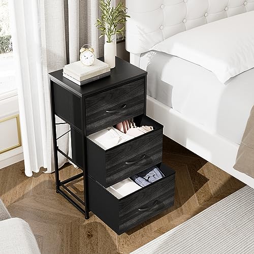 Nicehill nightstand, Wooden top Board, Fabric, Steel Frame, Black Wood Grain, 3-Drawer