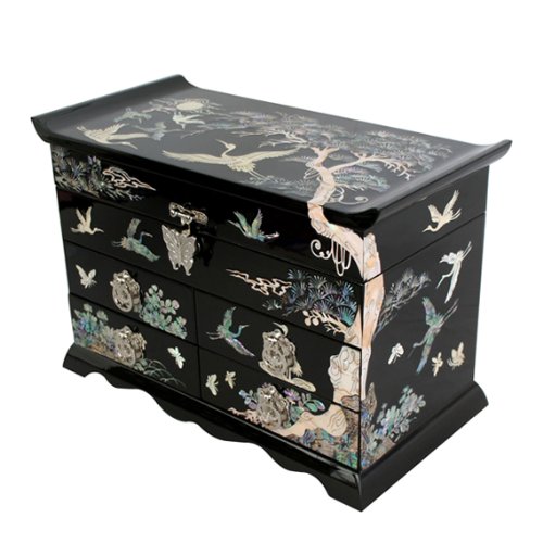 Mother of Pearl Crane Bird and Pine Tree Design Purple Wooden Jewellery Drawer Mirror Trinket Keepsake Treasure Gift Asian Lacquer Box Case Chest