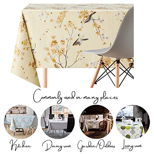 Floral Beige Wipe Clean Tablecloth with Birds - Rectangular 300x140 cm | 118x55in 10 Seats, Waterproof Vinyl Thick PVC Wax Wipeable Smooth Plasti