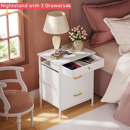 GipGiper Nightstand with 3 Drawers, Dresser for Bedroom, Small Dresser Night Stand with Fabric Bins, Leather Finish, Modern Bedside Table End Sid
