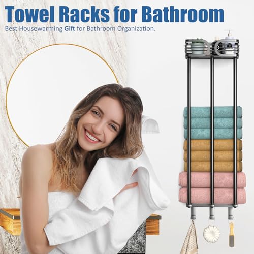 ENONCI Towel Rack Wall Mounted, Towel Storage for Bathroom,Towel Holder with Shelf and 3 Hooks, Towel Racks Wall Can Holds Up to 6 Large Size(63"