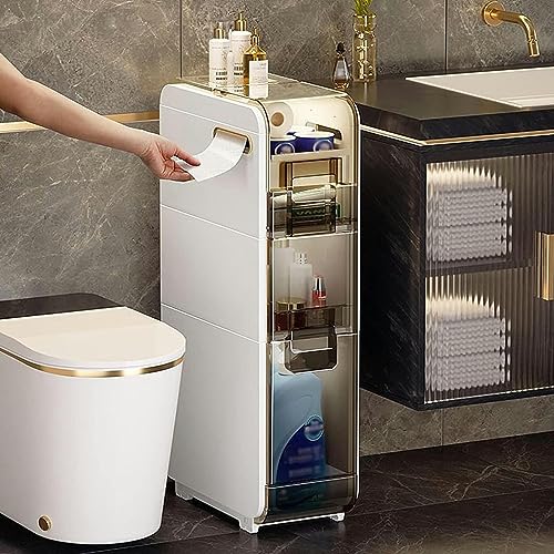 OPSREY Bathroom Floor Cabinet - Multifunctional White Narrow Toilet Organizer Floor Side Cabinet - Small Bathroom Storage, Thin Toilet Vanity Cab