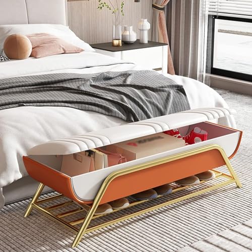 N/A Storage Bench with Shoe Rack, End of Bed with Leather Seat, Upholstered Bedroom Bed Bench Ottoman with Legs, for Hallway, Entryway, Living Ro