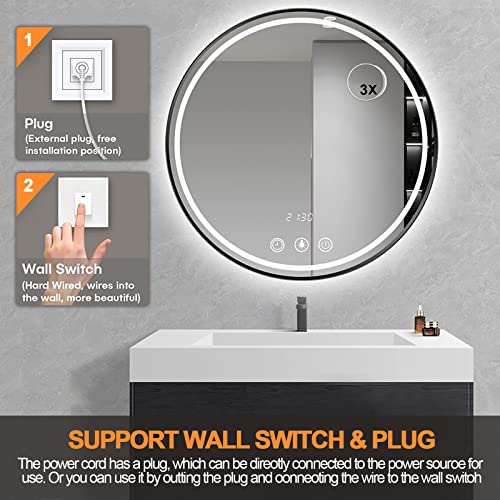 Devenirriche 600mm Round LED Bathroom Mirror, 24 inch Illuminated Wall Mounted Vanity Mirror with Sensor Touch Control,Anti-fog, 4 LED Light Colo