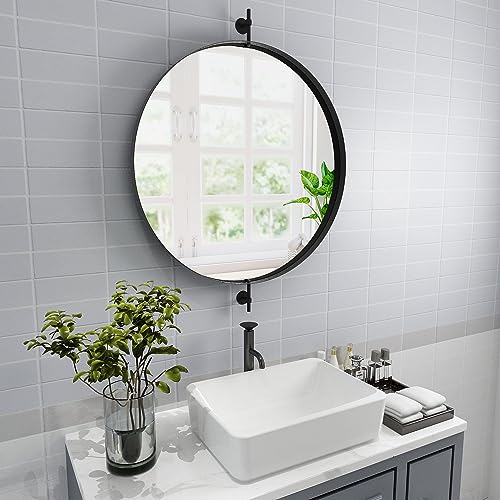 Black Pivot Round Mirror 30 Inch Circle Metal Framed Farmhouse Bathroom Mirror Tilting Beveled Vanity Mirrors for Wall