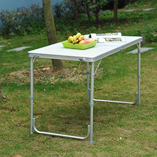 Folding Camping Table with Adjustable Height, 4ft x 2ft Aluminium Foldable Portable Picnic Table for Outdoor Indoor Kitchen Garden Party Compact